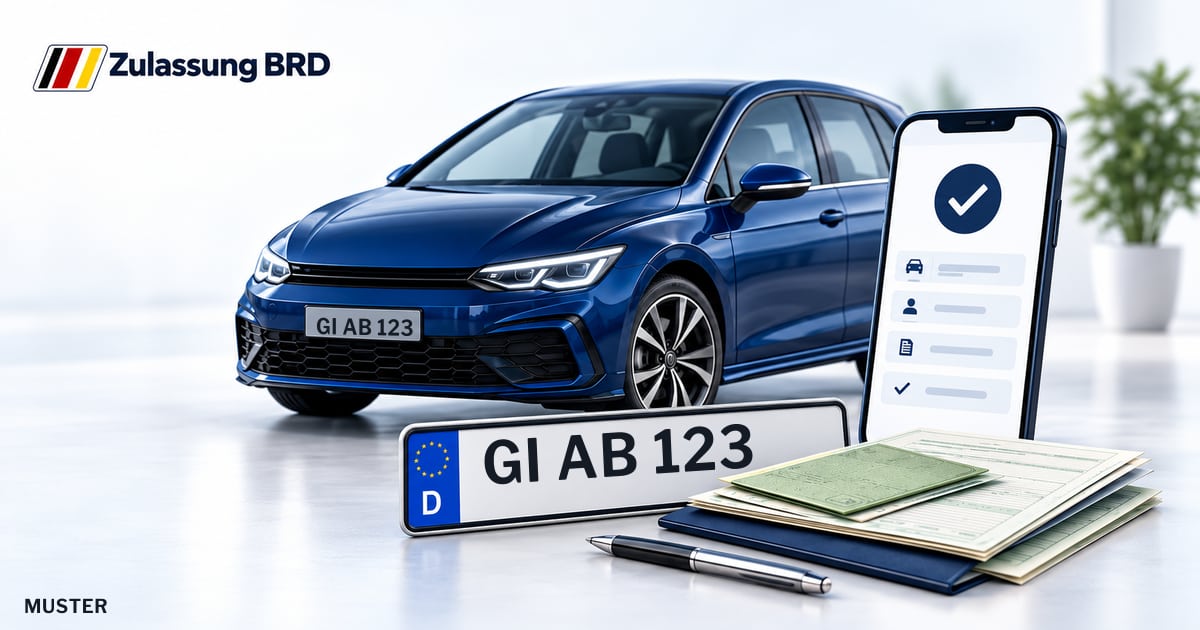 Online Fahrzeugzulassung in Langgöns: Musterkennzeichen GI AB 123, Auto und Fahrzeugpapiere und Smartphone. Illustration mit Logo von Zulassung BRD.
